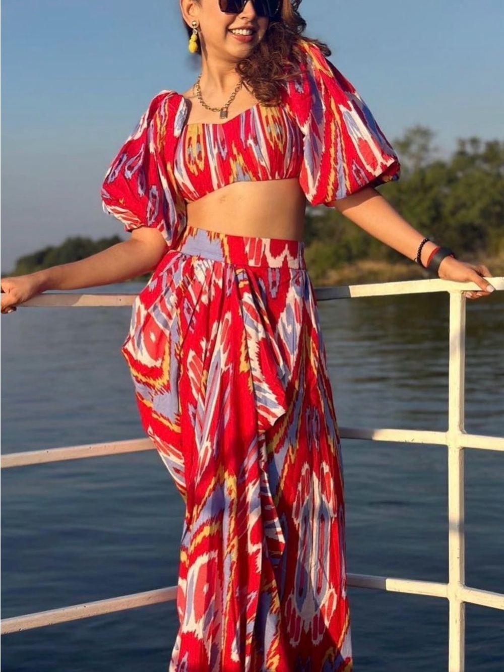 Bold Red Ikat Maxi Skirt Set with Puff Sleeve Crop Top